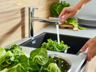 Washing Fresh Lettuce in a Modern Kitchen Sink. Generative ai