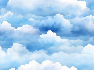 A fluffy white cloud drifts across a vast expanse of blue sky, watercolor drawing, seamless pattern background