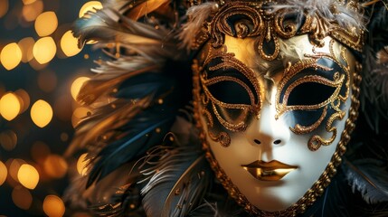 ornate venetian carnival mask with gold detailing and feathers on dark background masquerade party concept - obrazy, fototapety, plakaty