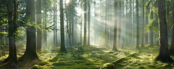 Fototapeta na wymiar A serene forest scene with tall trees, sunlight filtering through the canopy and moss-covered ground.