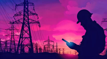 Wandcirkels plexiglas Silhouette of a Person Using Smartphone Against Electric Grid at Sunset. Vivid Pink Sky, Concept of Technology and Power Infrastructure. AI © Irina Ukrainets