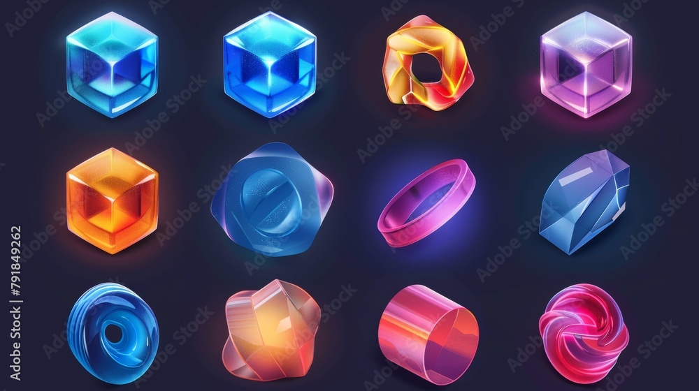 Poster an abstract geometric hologram render modern set. holographic forms set with realistic isolated cube