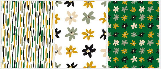 Cute Hand Drawn Floral and Geometric Patterns. Simple Flowers Isolated on a Dark Green and White Background. Infantile Style Floral Print. Irregular Abstract Print with Brush Lines. 
