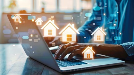 property value and real estate concept person using laptop to compare house offers online digital illustration - obrazy, fototapety, plakaty