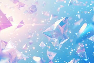Celestial dreamscape: Ethereal light illuminates a backdrop of cerulean, rose, and ivory, as low-poly crystalline shapes dance with wispy pink nebulae.