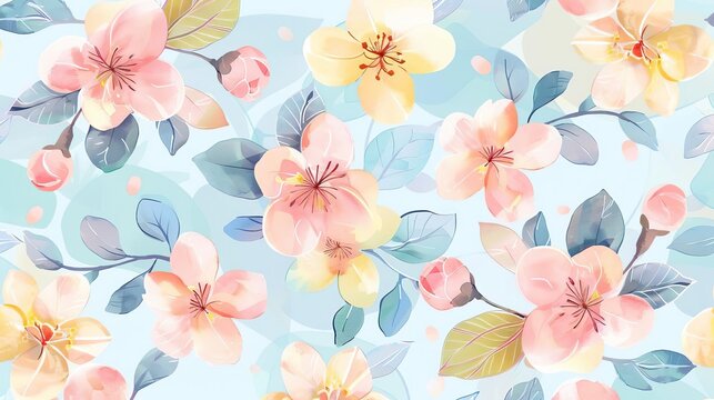 seamless spring floral pattern with delicate pastelcolored blossoms and leaves gentle watercolor illustration