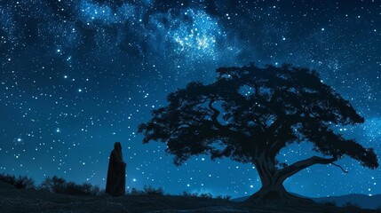 silhouette of faithful abraham conversing with god under starry night sky near ancient tree religious concept illustration