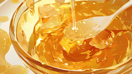 illustration of liquid honey flowing into a bowl. honeycomb. delicious yellow honey - obrazy, fototapety, plakaty