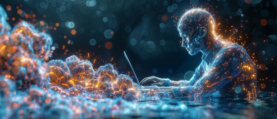 The e-learning concept shows a businessman studying online education courses at home for his personal development and professional advancement.