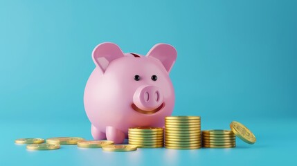 smiling pink piggy bank with stack of gold coins on blue background 3d rendering