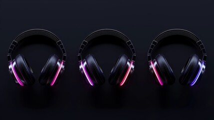 Isolated 3D modern DJ headset with neon light. Realistic set of black headphone icons. Dark gadget mockup for entertainment front and side view. - obrazy, fototapety, plakaty