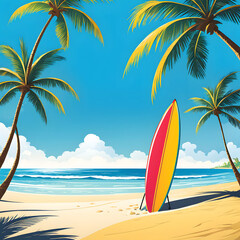 clipart of a vibrant surfboard planted firmly in the golden sands accompanied 