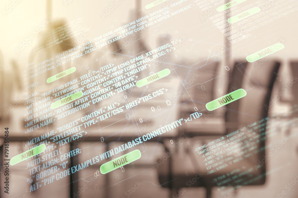 Aufkleber double exposure of abstract programming language interface on modern corporate office background, re