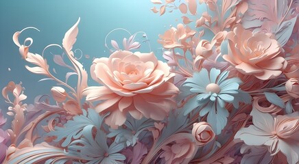 Lovely pastel-colored abstract fantasy background with flowers and elaborate decorations, featuring generative artificial intelligence - obrazy, fototapety, plakaty