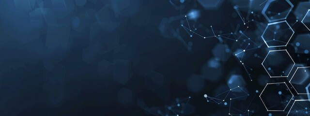 Dark blue background with white hexagonal technical elements and data points, technology banner for website header or presentation design in the style of technology. - obrazy, fototapety, plakaty