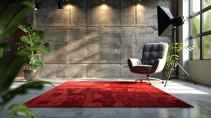 Contemporary interview setting with stylish seating and industrial backdrop