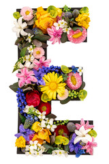 Letter E made of real natural flowers and leaves on white background isolated.