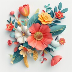 A composition of 3D flowers on an isolated white background