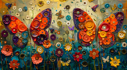 Nature's Homage: Butterflies Adorned with Klimt's Elegance Amid Lushness - obrazy, fototapety, plakaty