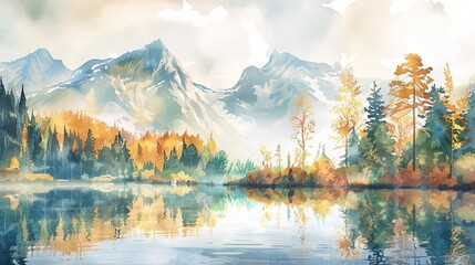 watercolor autumn landscape painting with mountains forests and lake wanderlust travel illustration