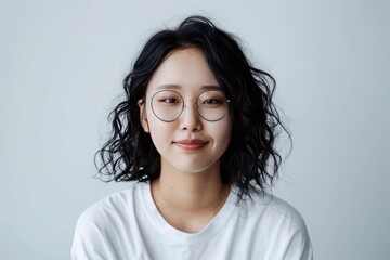 A positive, attractive smiling young woman with black curly hair wearing glasses and a white t-shirt standing in isolation over a light background