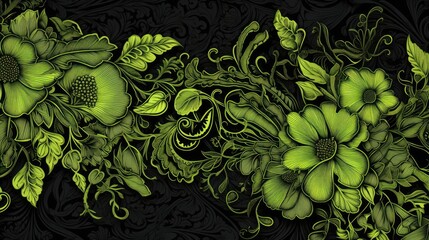 Elegant Floral Pattern with Green and Black Design for Background or Wallpaper - obrazy, fototapety, plakaty
