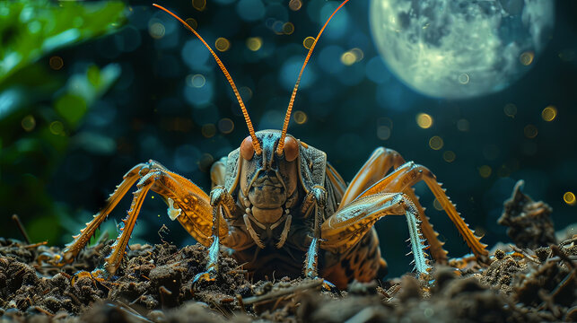 Mole Cricket Close-up with Dramatic Lighting and Moon Backdrop