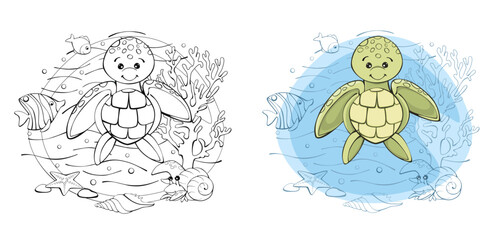 Sea turtle, fish, crayfish, corals, starfish. vector set of illustrations