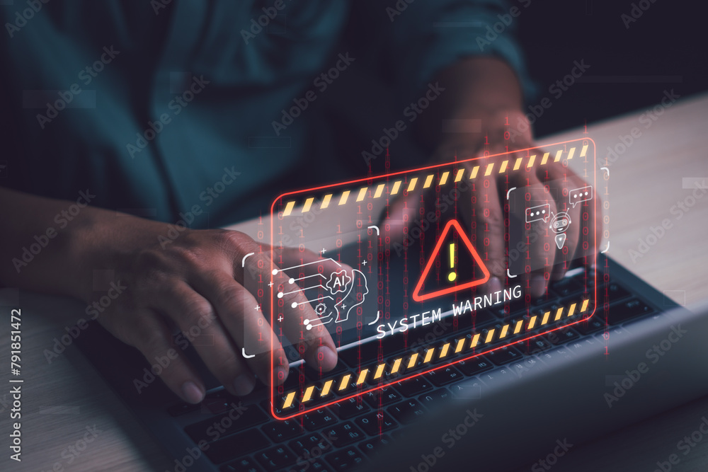 Poster ai security, error notification sign, concept of warning or alert, businessman shows warning about u