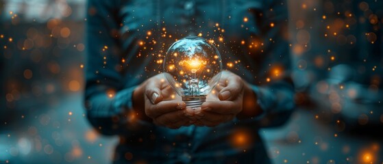 A person holding a light bulb illuminates to start a new idea for accounting finance investment. Sustainable business development. - obrazy, fototapety, plakaty