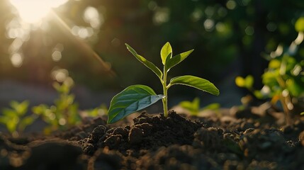 young green plant seedling sprouting from rich soil reaching for morning sunlight closeup photo