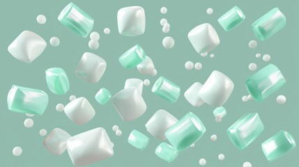 In this illustration, piles of sweet menthol bubble gum pads, chewy candies isolated on a transparent background are presented on a transparent background.
