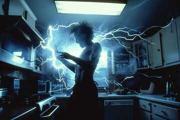 In a kitchen, a person manipulate wires, a surge of electricity surges through his body. The room is illuminated by a bluish flash and volt arcs.