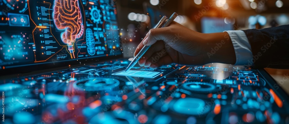 Poster a businessperson is using a pen to sign a digital document with a virtual laptop screen and an e-sig