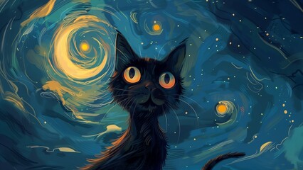 surrealism of a black cat with large, striking yellow eyes
