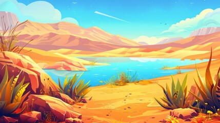 A modern cartoon landscape depicting a desert river landscape with yellow sand dunes or mountains. The ground is cracked in bright blue skies with dusty green plants and dried grasses.