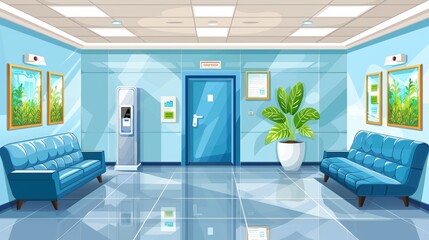 Interior corridor of an office building with doors and elevators. Empty office hallway with waiting area furniture, couches, water coolers, plants and lift doors. - obrazy, fototapety, plakaty