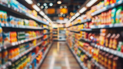 A grocery store with aisles and products all blurred, focusing on the concept of abundance and choice