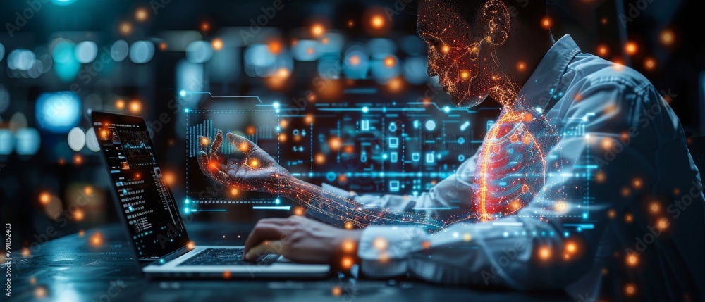 Poster dms (document management system), businessman using a laptop computer in the office searching and ma