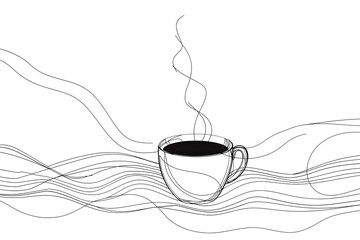 Drawn monochrome one line art of cup of coffee or tea with steam. Morning cafe hot drink silhouette, concept design one sketch outline drawing  illustration. Design for Cafeteria, Posters, Banner