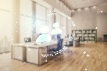 Abstract virtual people icons sketch on a modern furnished office interior background, life and...