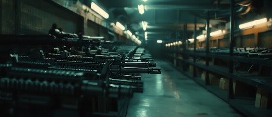 Army armory, rows of assault rifles, dimly lit, moody and powerful, military precision