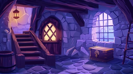 Game background illustration of an ancient royal castle interior with gothic window, wooden door, and empty trunk on stone floor. Modern cartoon illustration for game background.