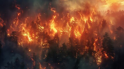 Forest engulfed by wildfire, hazard in nature, devastating flames, urgent alert - obrazy, fototapety, plakaty