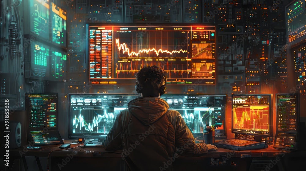 Poster a man is sitting in front of a computer monitor with a lot of numbers