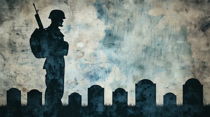 Solemn soldier silhouette, white headstones in graveyard, Memorial Day tribute - obrazy, fototapety, plakaty