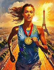 running at olympic games, paris in backgound, olympic medal - obrazy, fototapety, plakaty