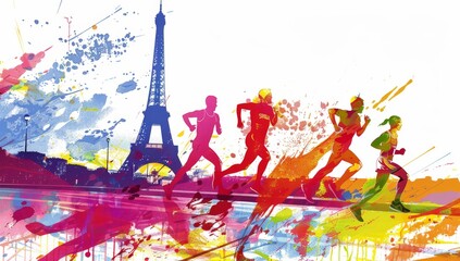 illustration of the Paris marathon, with several runners running past the Eiffel Tower in the background, with splashes and colorful elements Generative AI