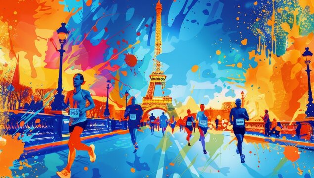 A vibrant vector illustration of people running in a Paris marathon, with the Eiffel Tower in the background, in bright blue and orange colors, with colorful splashes Generative AI