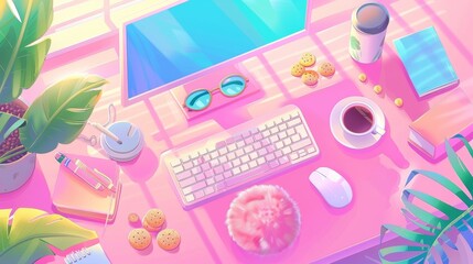 Cartoon illustration of a teen girl's workspace with computer keyboard, mouse, fluffy notebook, sunglasses, coffee and cookies, green plant and eyeglasses. Workspace for freelance designers. - obrazy, fototapety, plakaty